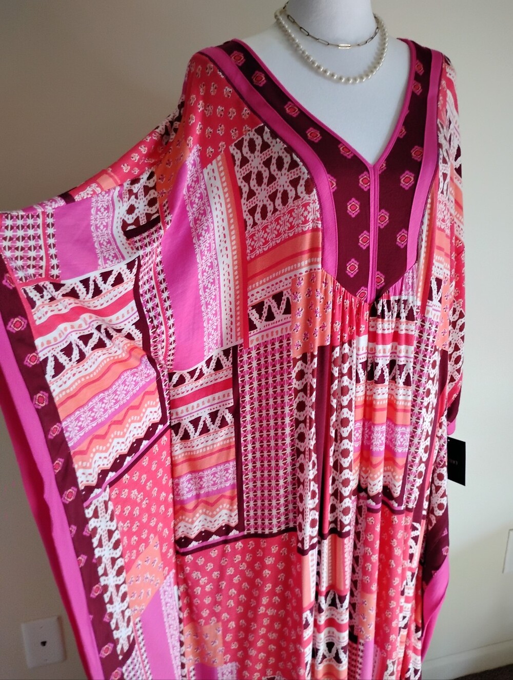 Ellen Tracy Bohemian Caftan Dress Pink Burgundy Kantha Print Tropical Size L/XL